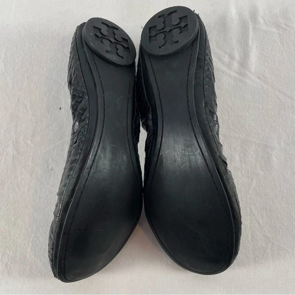 Tory Burch Snakeskin Embossed Leather Ballet Slipper Flat in Black Size‎ 7